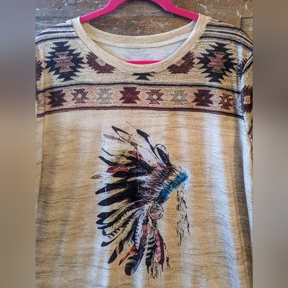 New Indian Head Dress Aztec Oatmeal Colored Tee - Picture 2 of 13